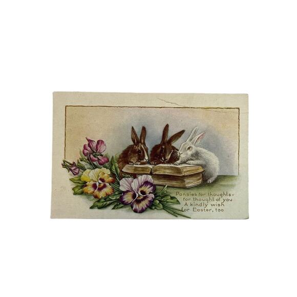 Antique Early 1900s Ephemera Easter Greetings Postcard Bunny Rabbits Pansies SEE - Picture 2 of 8